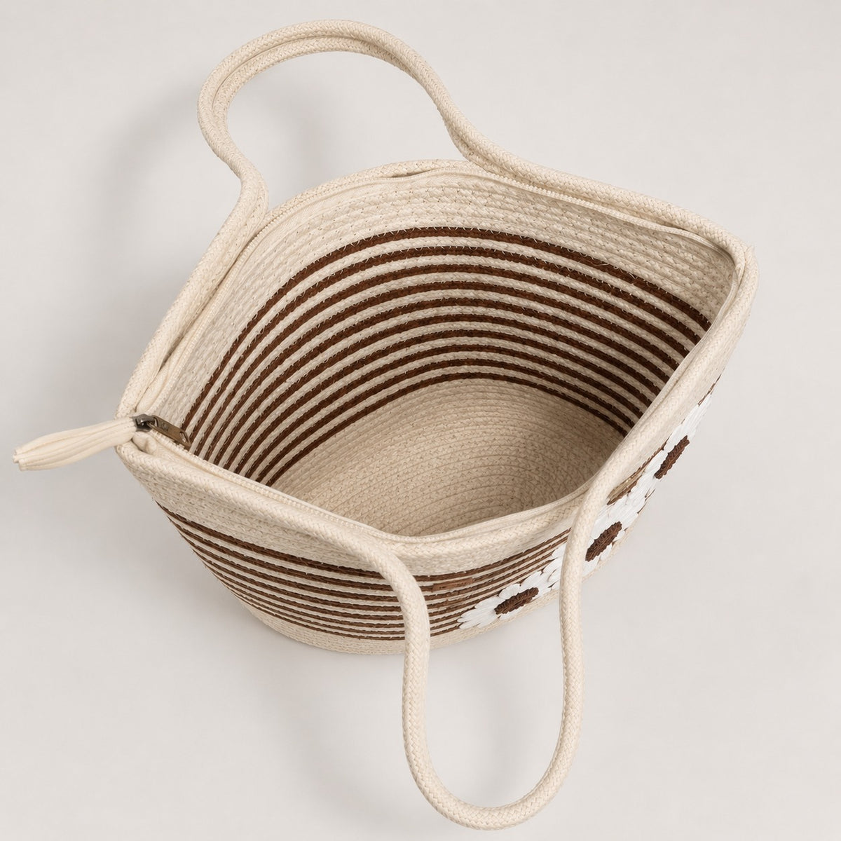 Handmade Daisy Stripe Jute Tote Bag – Floral Handcrafted Handbag