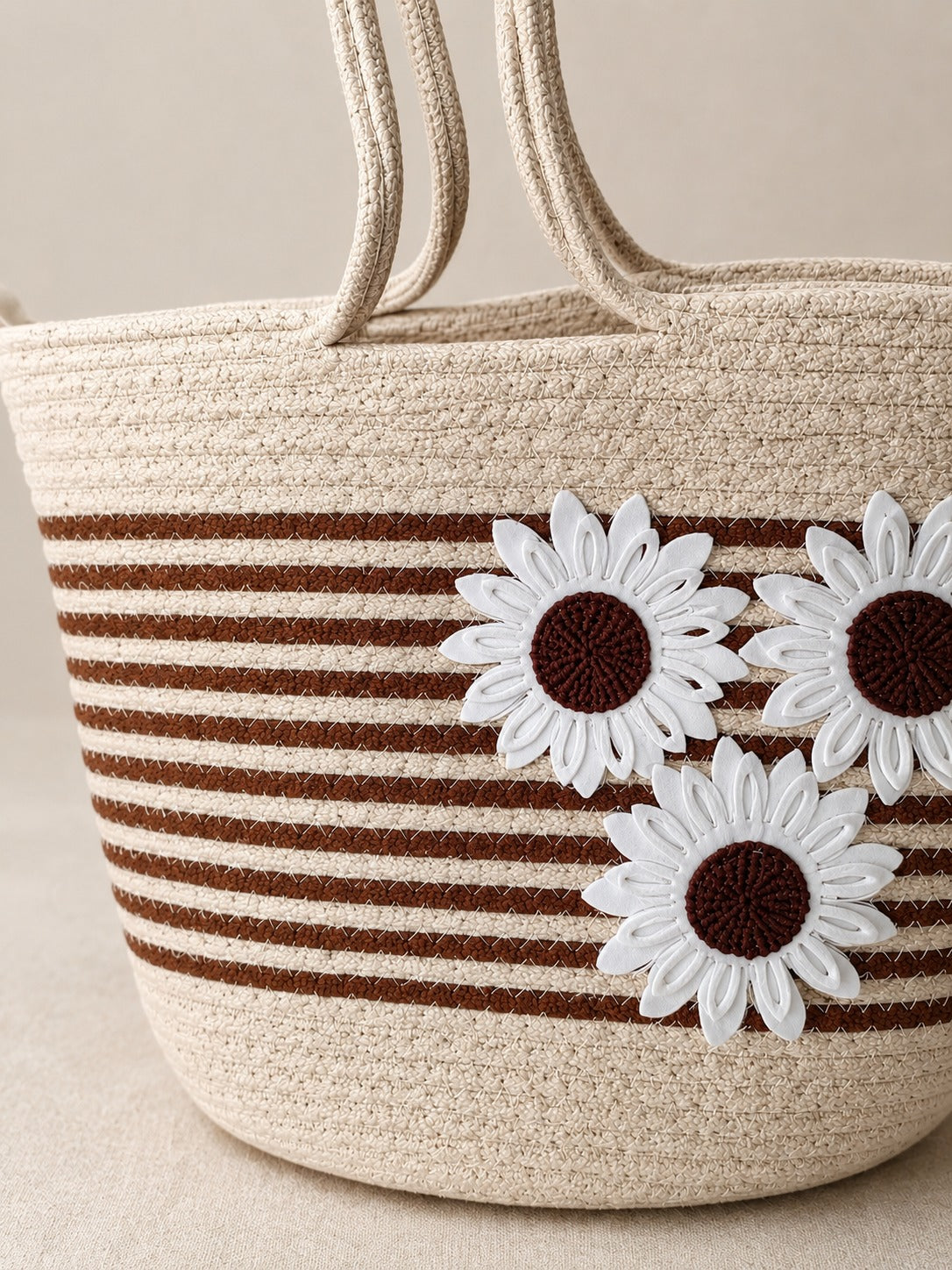 Handmade Daisy Stripe Jute Tote Bag – Floral Handcrafted Handbag