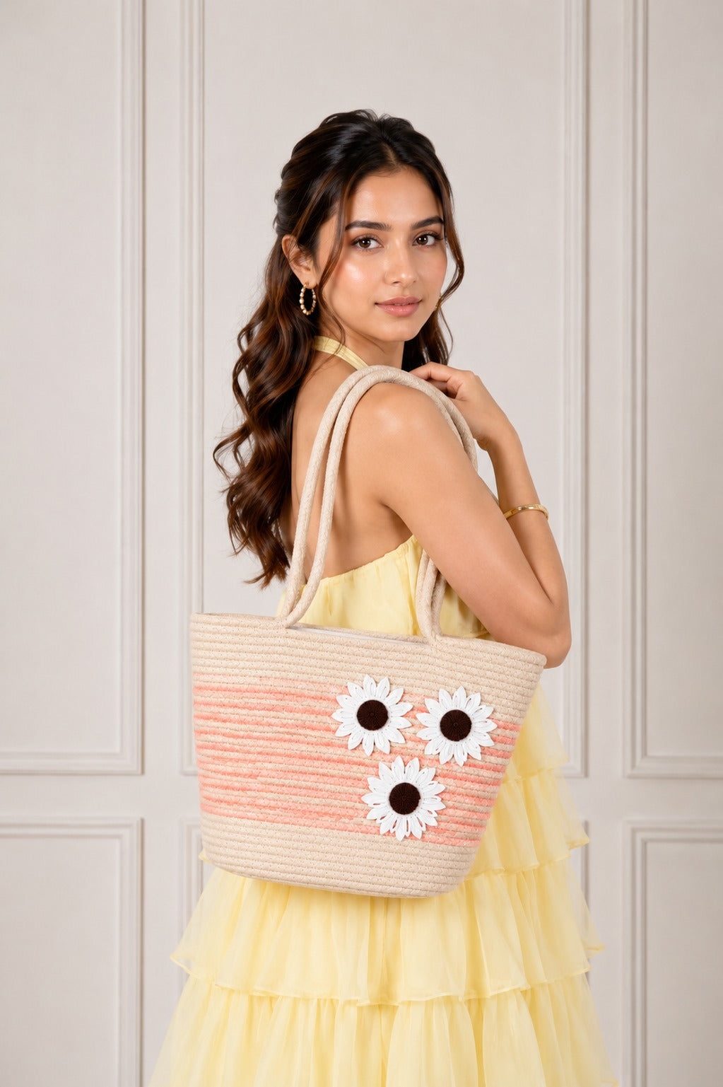 Handmade Peach Bloom Jute Tote Bag – Floral Handcrafted Handbag