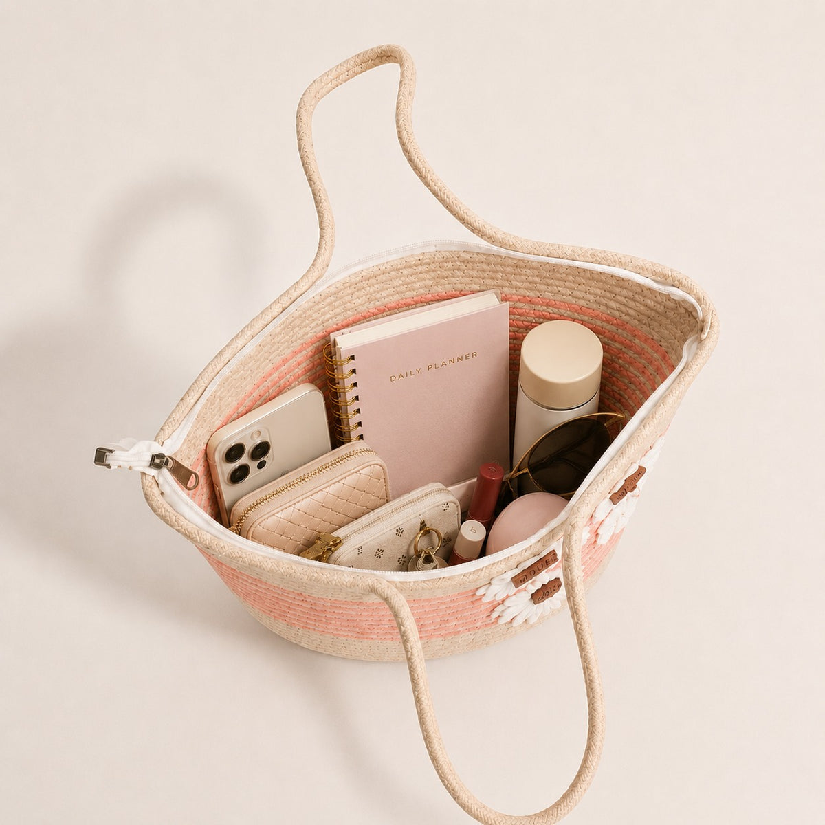 Handmade Peach Bloom Jute Tote Bag – Floral Handcrafted Handbag