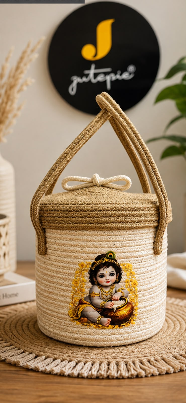 Jutepie Krishna Ji Jute Basket – Handmade Decorative Storage Basket with Lid