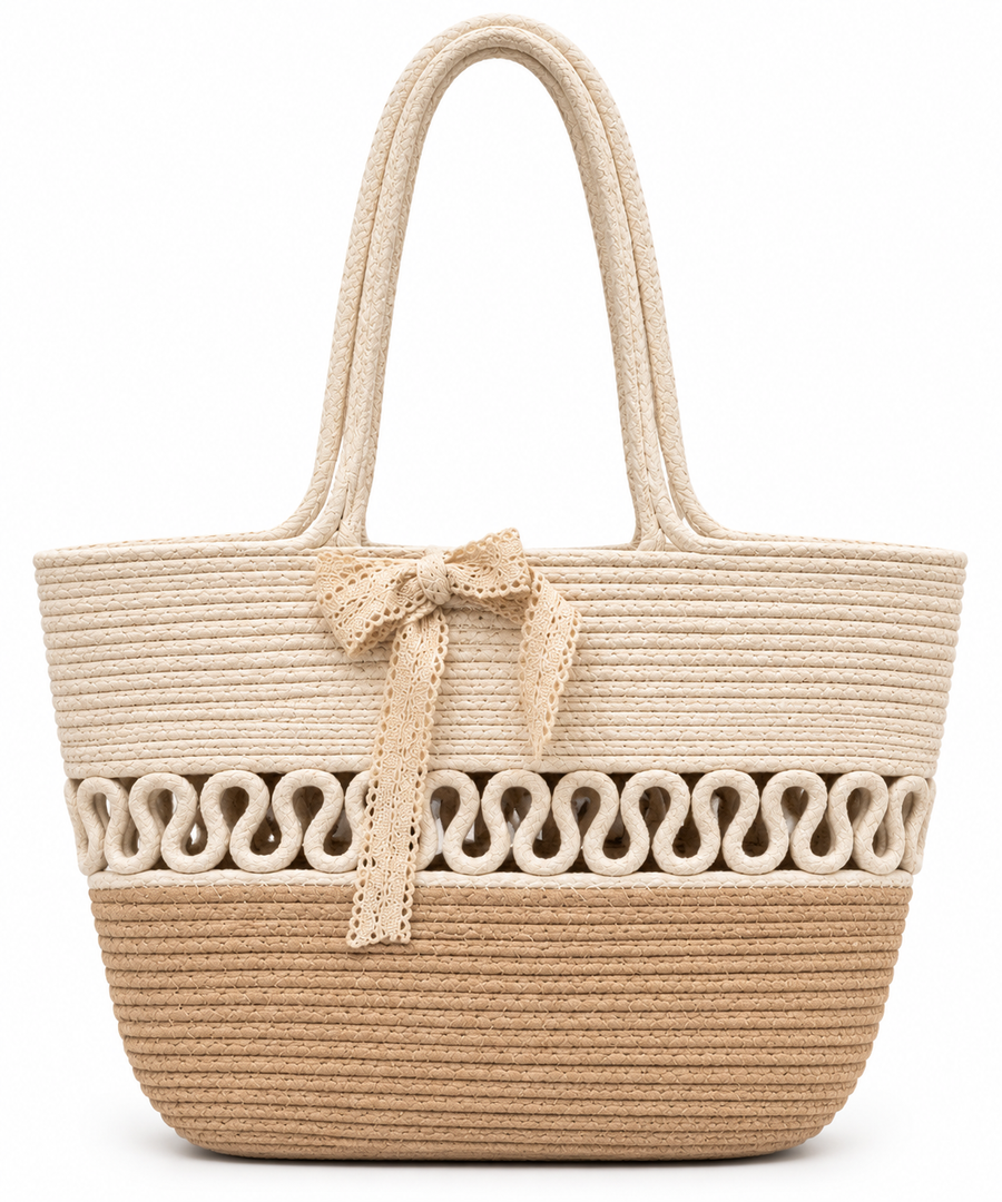 Handmade Braided Rope Tote Bag with Lace Bow Detail-16-11 inch