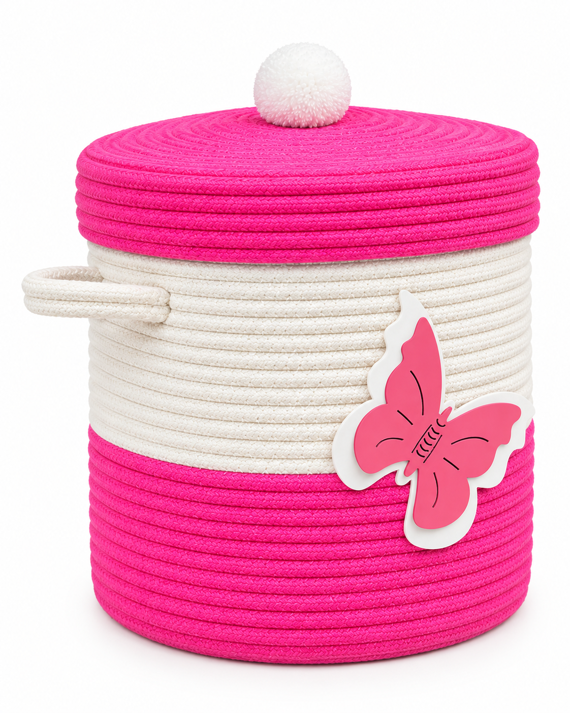 Handmade Butterfly Design Woven Storage Basket with Lid & Handles | Pink & White Rope Organizer for Kids Room, Nursery & Home Décor-10x10 inch