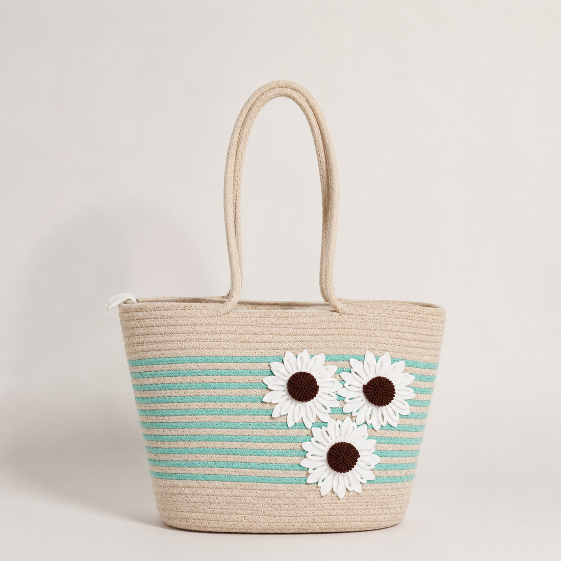 Handmade Aqua Bloom Jute Tote Bag – Floral Handcrafted Handbag