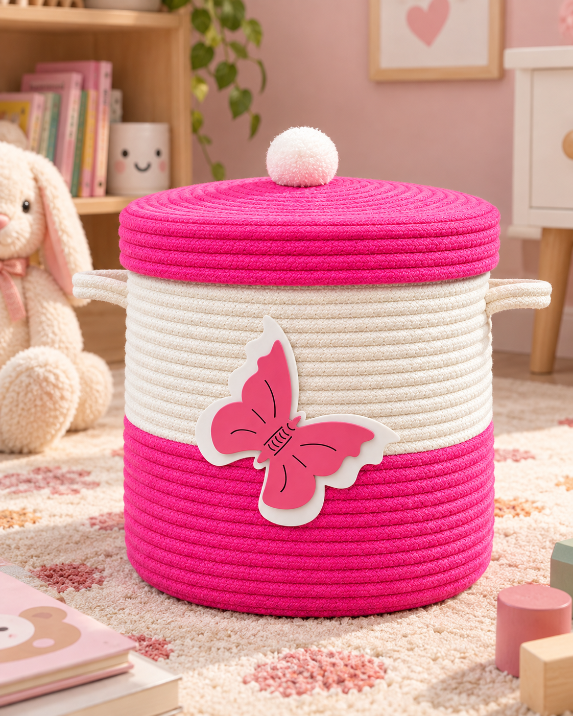 Handmade Butterfly Design Woven Storage Basket with Lid & Handles | Pink & White Rope Organizer for Kids Room, Nursery & Home Décor-10x10 inch