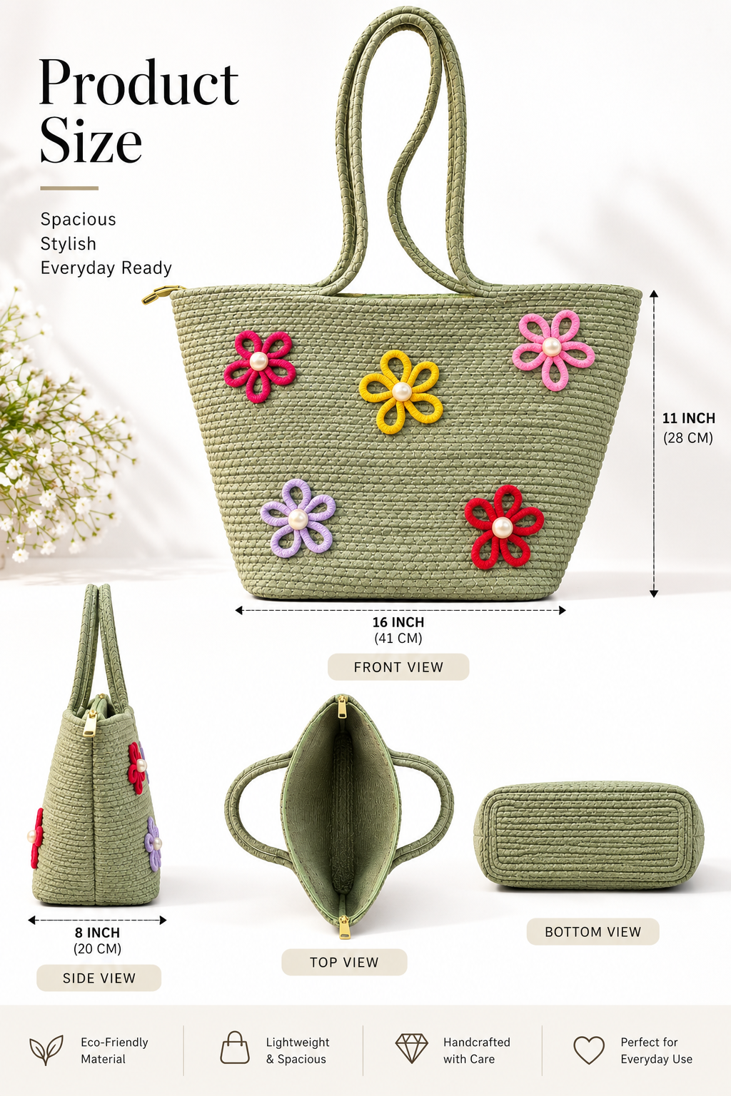 Floral Bloom Handmade Rope Handbag – 16 × 11 Inch