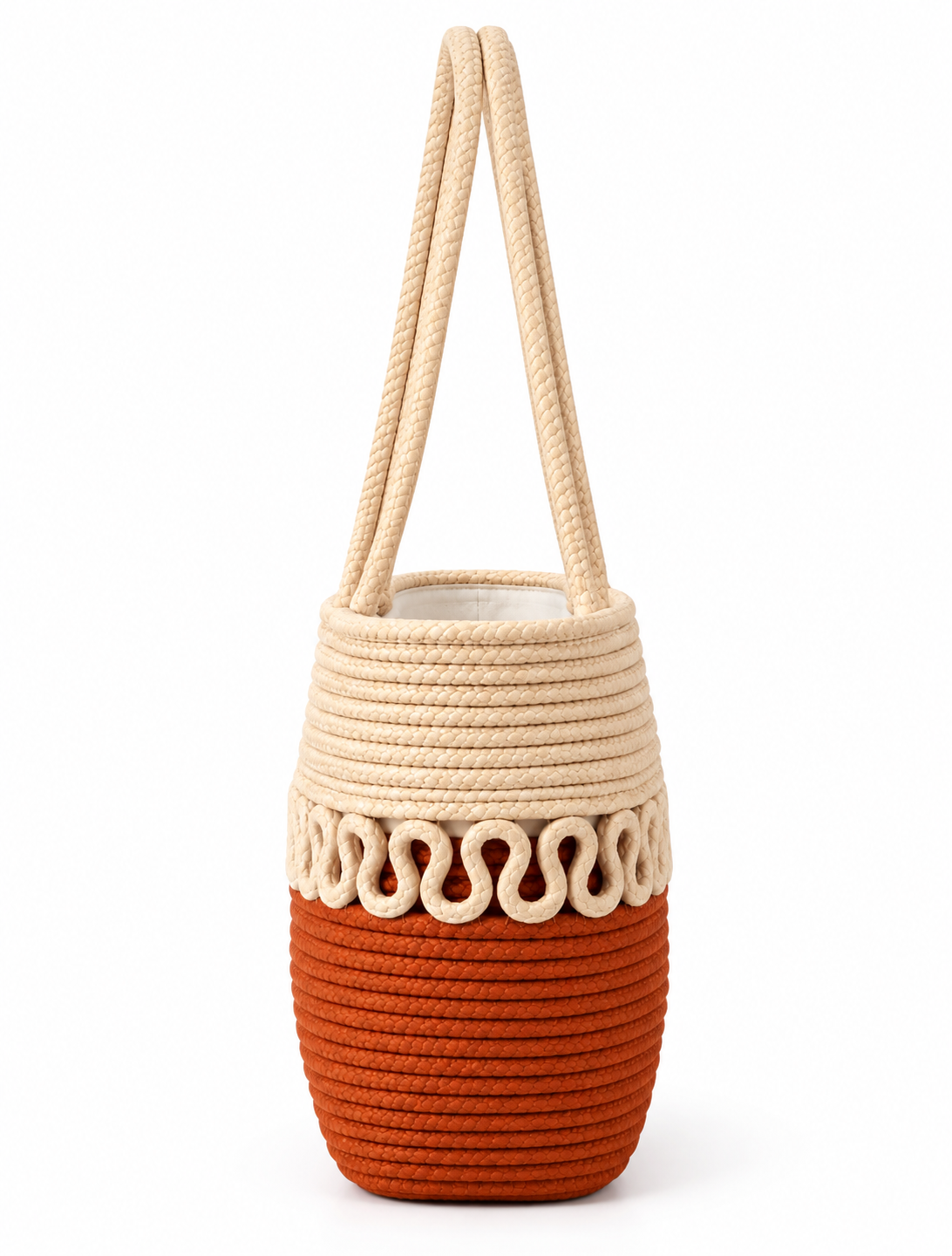 Handmade Rope Tote Bag for Women | Cream & Terracotta Braided Handcrafted Basket Bag with Decorative Detailing-11x16 inch