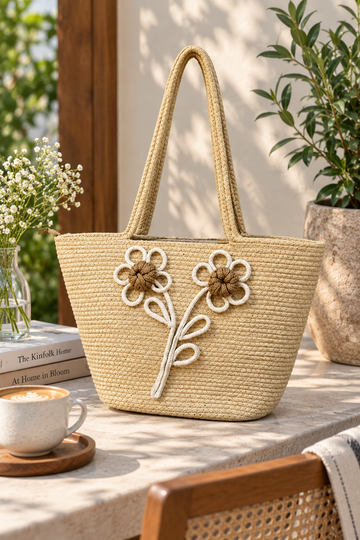 Daisy Flower Beige Handmade Jute Handbag – 16 × 11 Inch