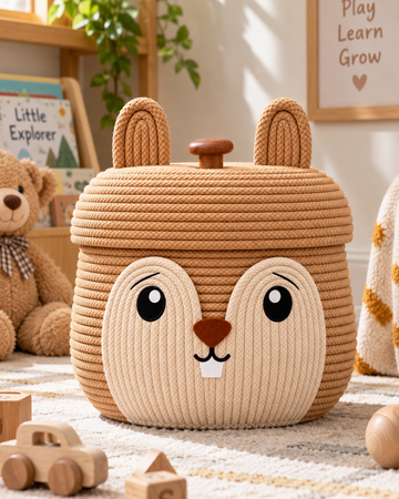 Handmade Bunny Rope Storage Basket with Lid & Handles-7x8 inch
