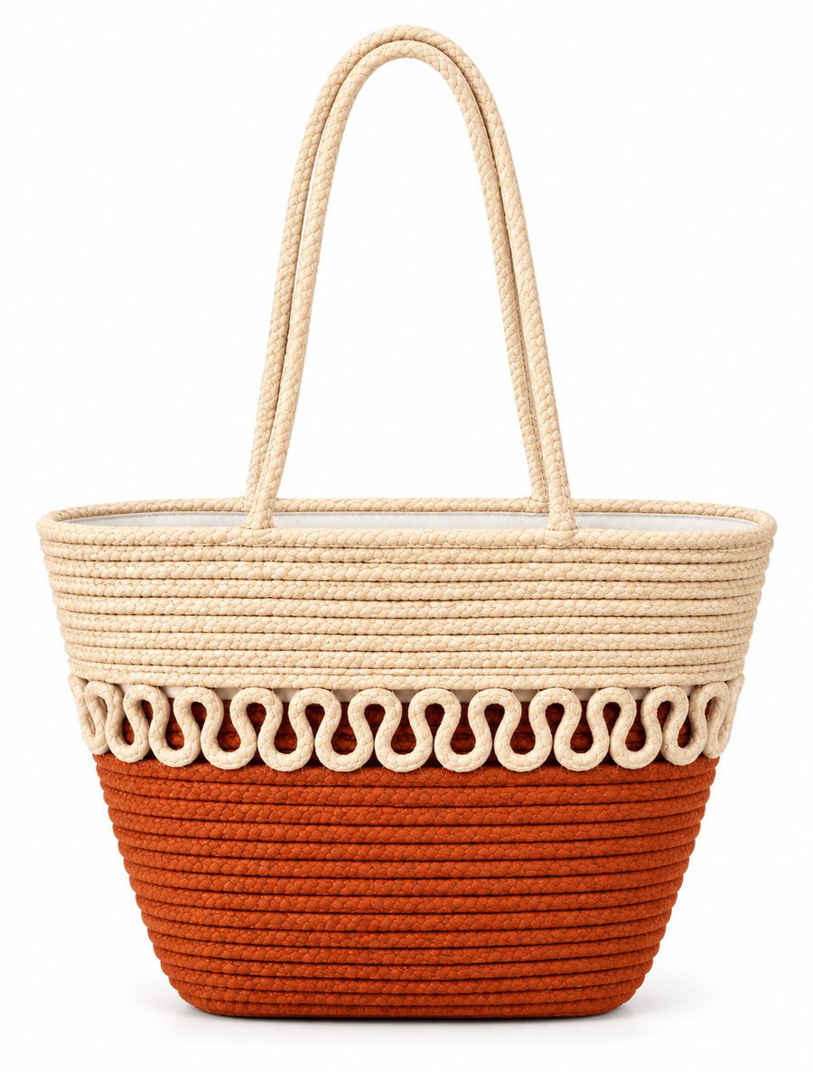 Handmade Rope Tote Bag for Women | Cream & Terracotta Braided Handcrafted Basket Bag with Decorative Detailing