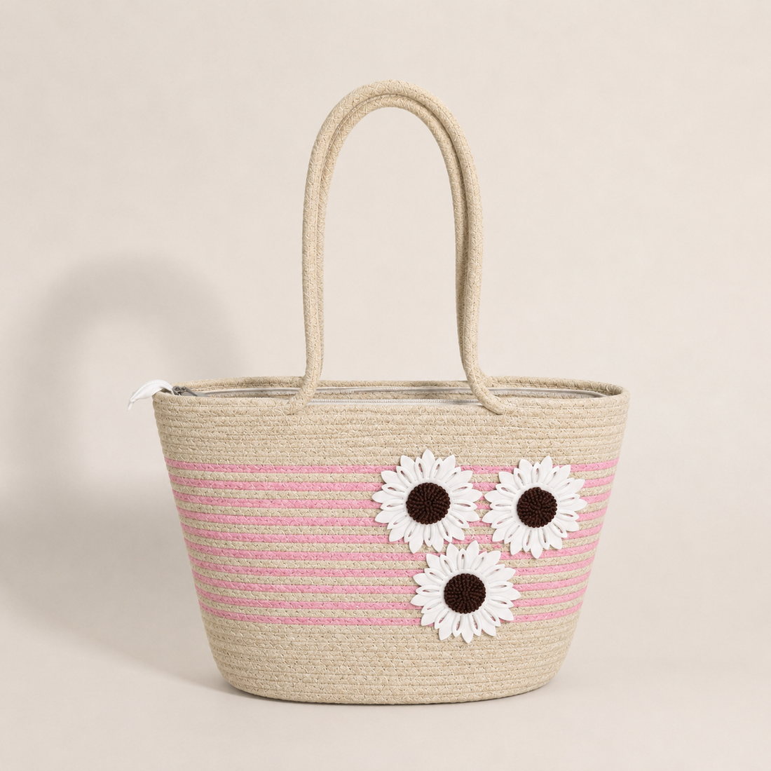 Handmade Pink Bloom Jute Tote Bag – Floral Handcrafted Handbag