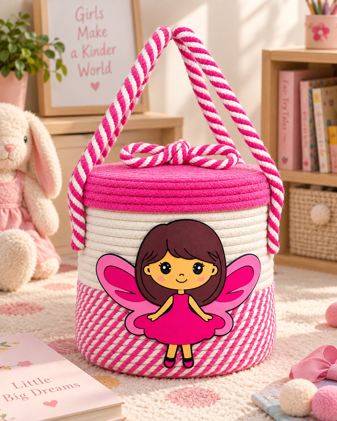 Handmade Fairy Design Woven Storage Basket with Lid & Handle | Cute Rope Organizer for Kids Room, Nursery, Toys & Home Décor-10x10 inch