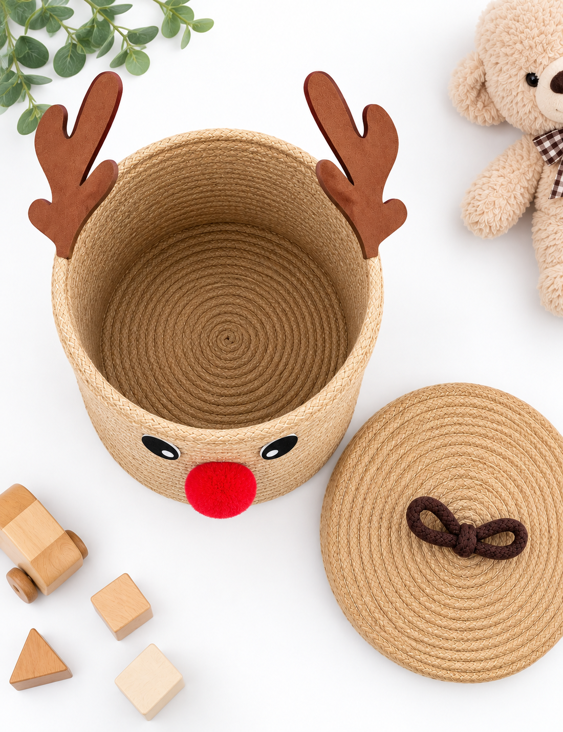 Handmade Reindeer Storage Basket with Lid | Woven Rope Organizer for Toys, Clothes, Nursery, Bedroom & Home Décor-8x8 inch