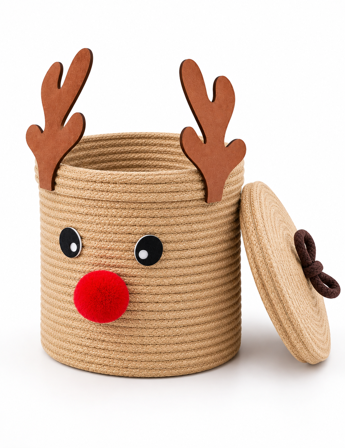 Handmade Reindeer Storage Basket with Lid | Woven Rope Organizer for Toys, Clothes, Nursery, Bedroom & Home Décor-8x8 inch