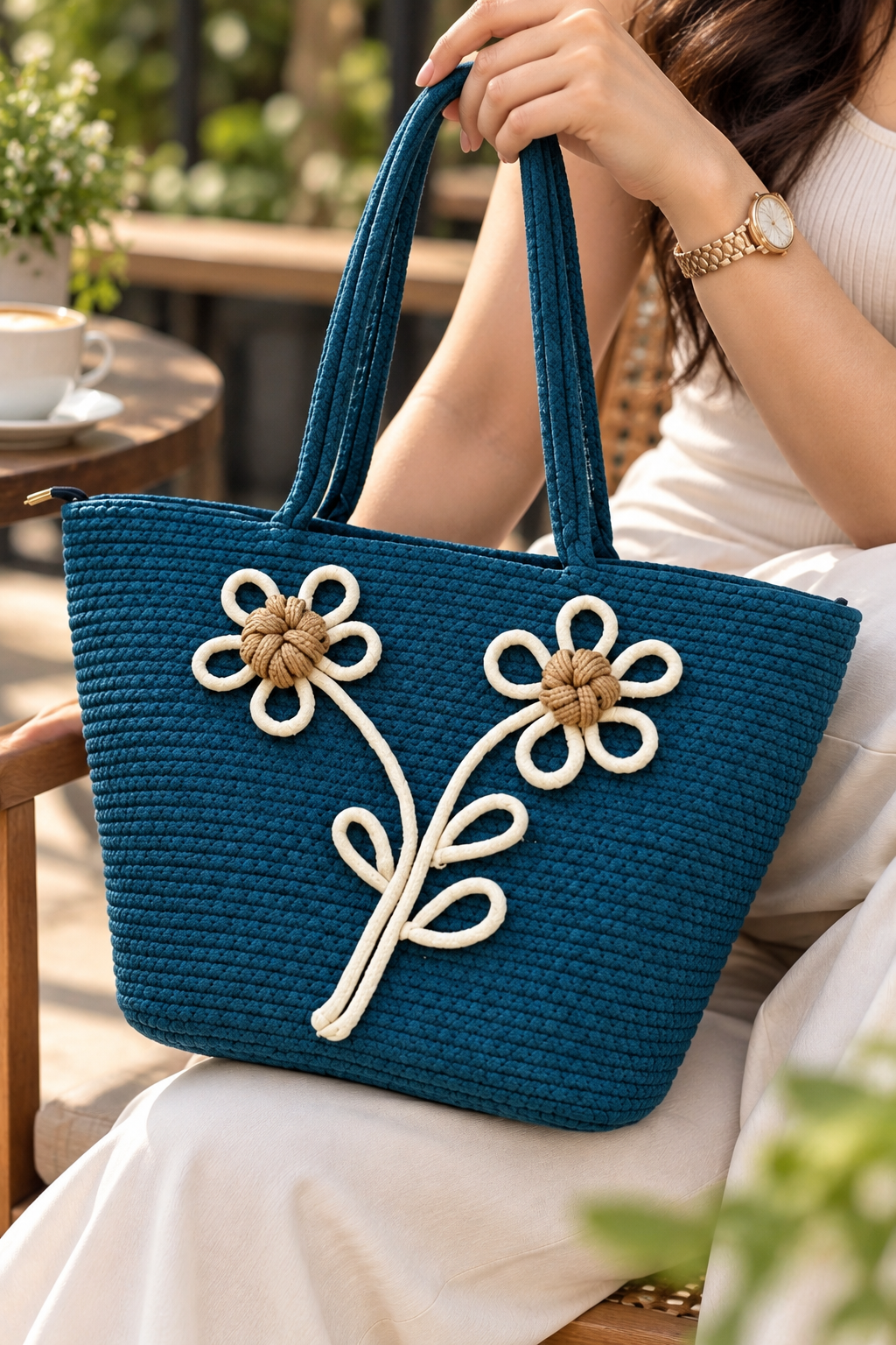Daisy Bloom Navy Blue Handmade Jute Handbag-16 × 11 Inches