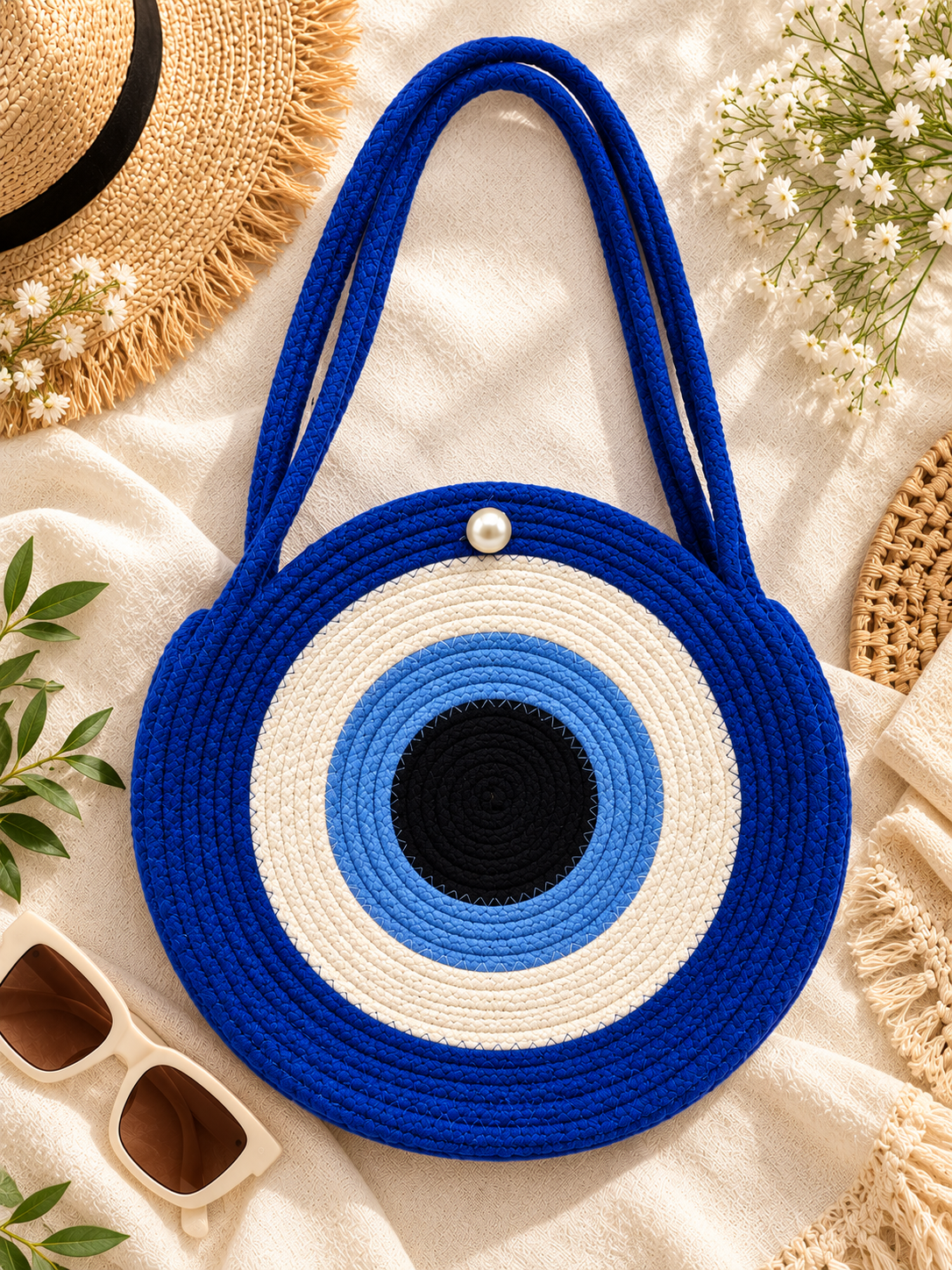 Handmade Round Braided Rope Shoulder Bag with Pearl Button- 9inch Round