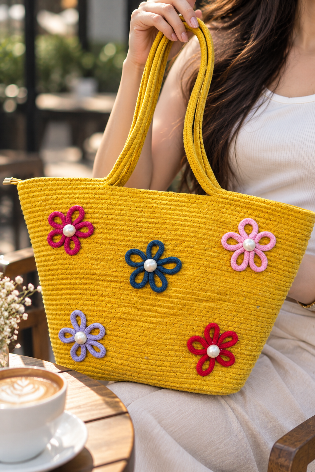 Floral Bloom Handmade Rope Handbag – 16 × 11 Inch