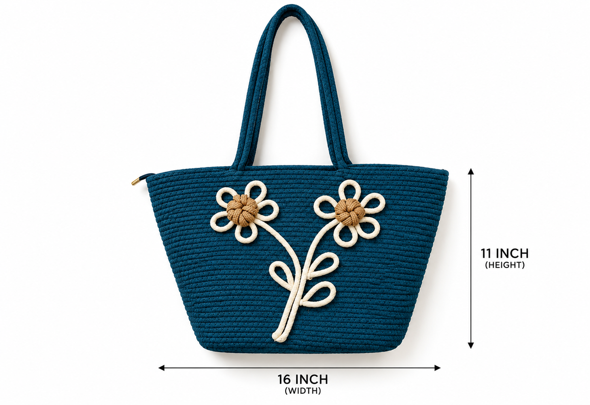 Daisy Bloom Navy Blue Handmade Jute Handbag-16 × 11 Inches