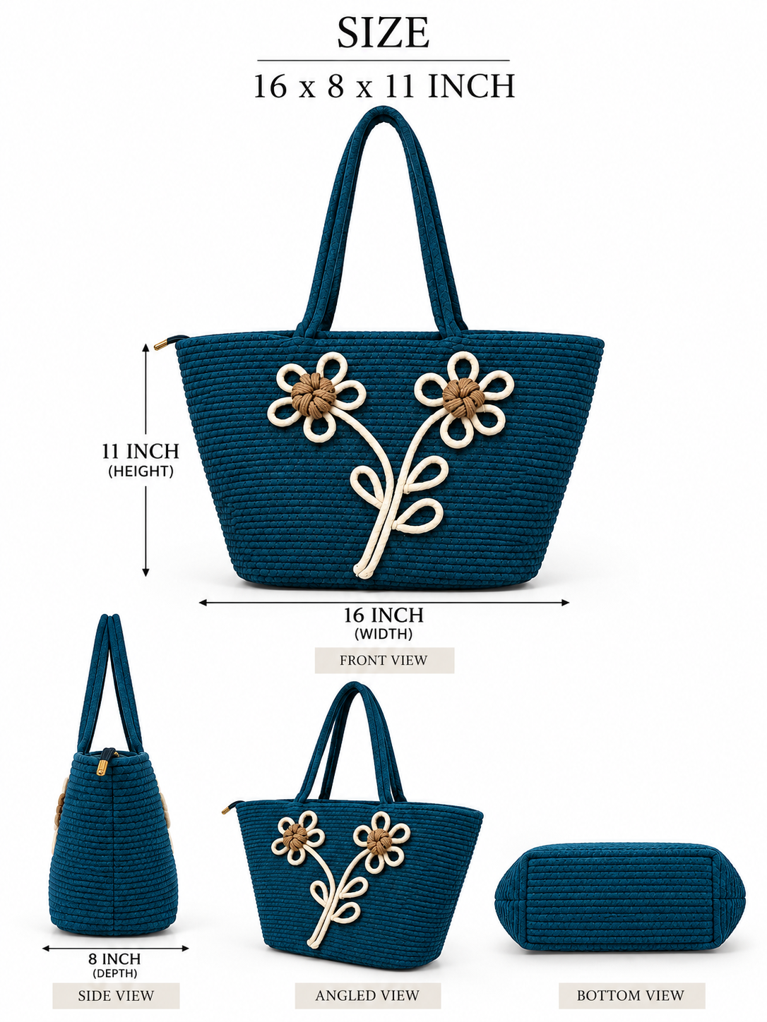 Daisy Bloom Navy Blue Handmade Jute Handbag-16 × 11 Inches