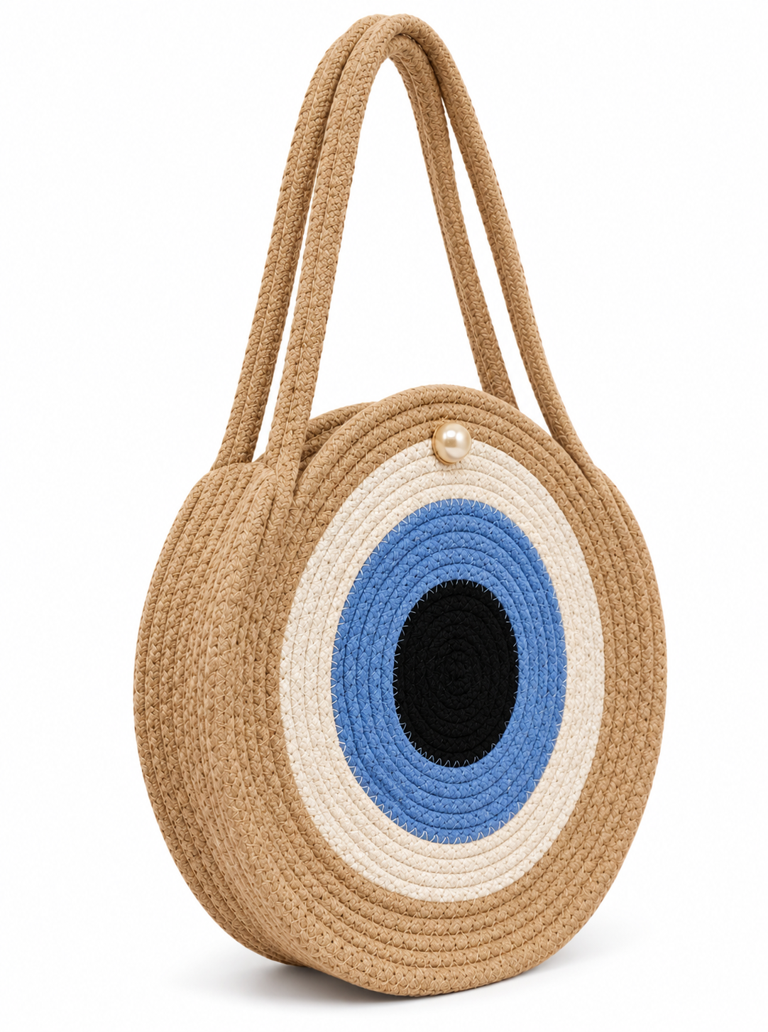 Handmade Round Braided Rope Shoulder Bag with Pearl Button- 9inch Round