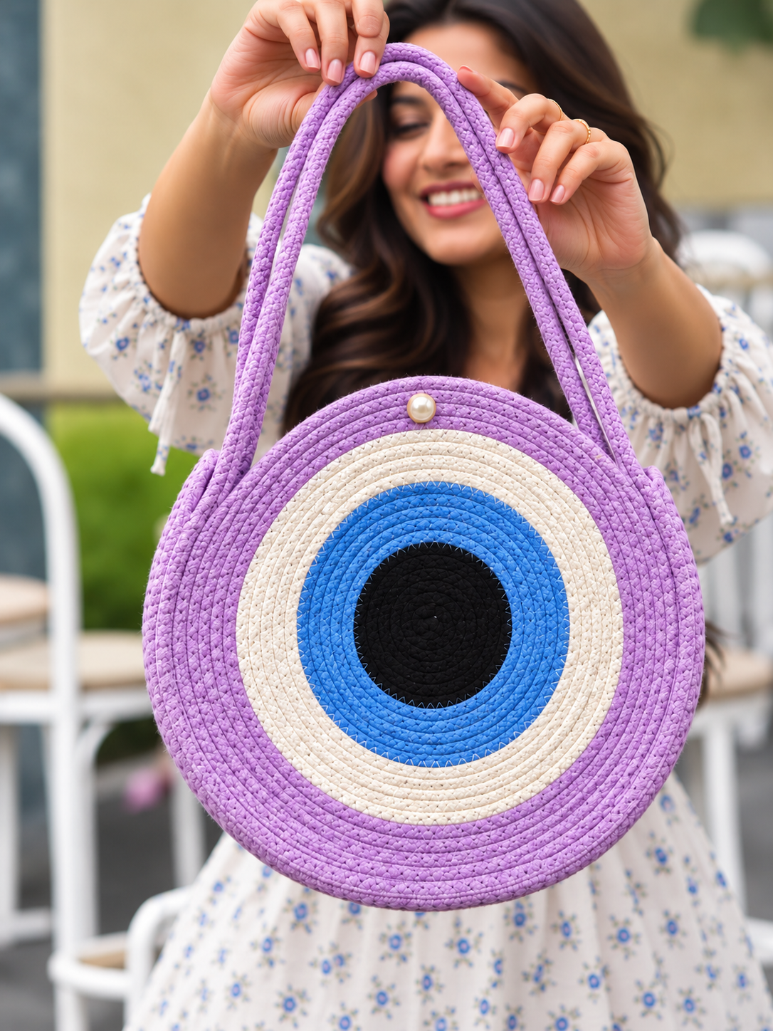 Handmade Round Braided Rope Shoulder Bag with Pearl Button- 9inch Round