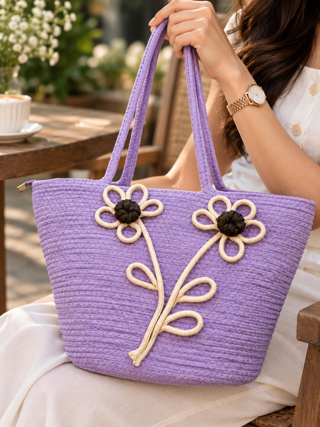 Lavender Daisy Bloom Handmade Jute Handbag– 16 × 11 Inch
