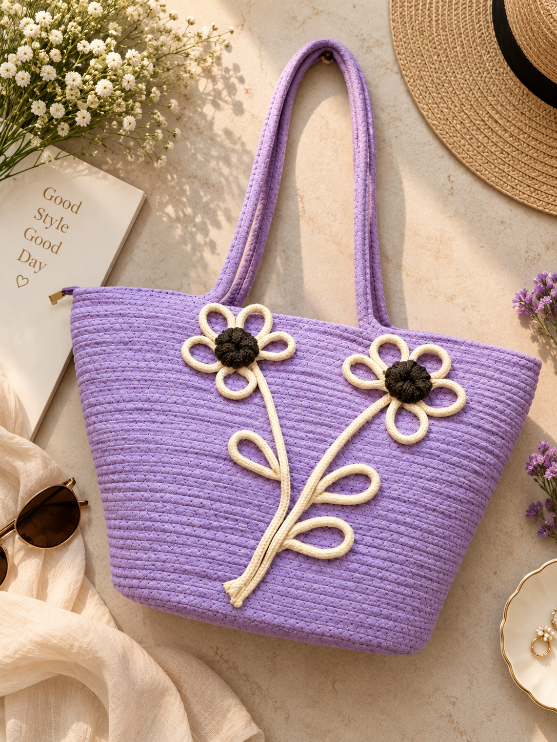 Lavender Daisy Bloom Handmade Jute Handbag– 16 × 11 Inch