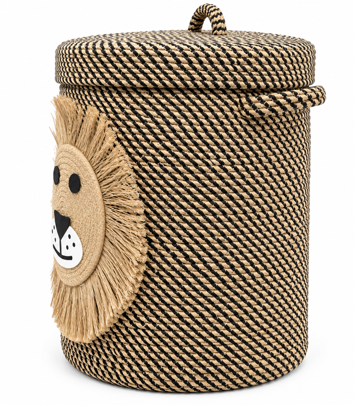 Handmade Lion Laundry Basket with Lid | Stylish Woven Rope Storage Basket | Multipurpose Clothes, Toy & Blanket Organizer | 14 x 16 Inches