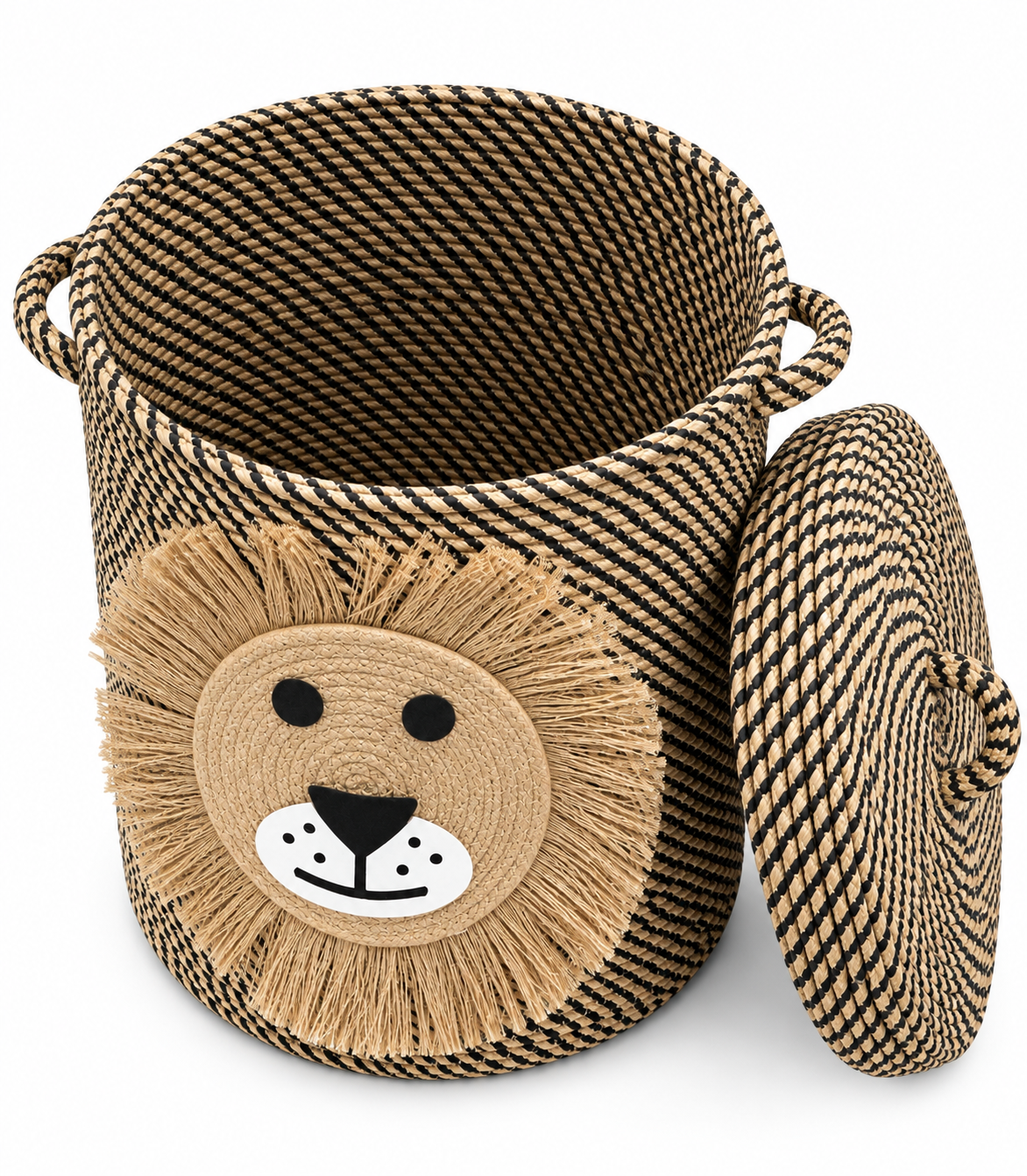 Handmade Lion Laundry Basket with Lid | Stylish Woven Rope Storage Basket | Multipurpose Clothes, Toy & Blanket Organizer | 14 x 16 Inches