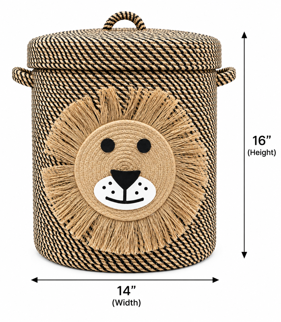 Handmade Lion Laundry Basket with Lid | Stylish Woven Rope Storage Basket | Multipurpose Clothes, Toy & Blanket Organizer | 14 x 16 Inches