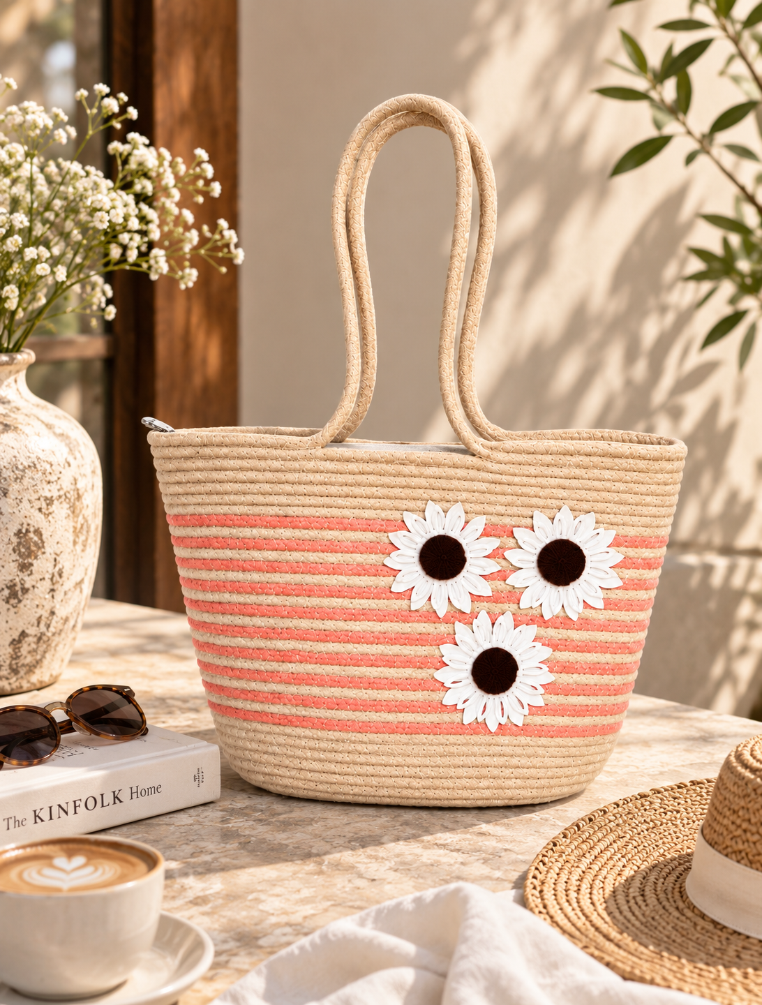 Handmade Peach Bloom Jute Tote Bag – Floral Handcrafted Handbag