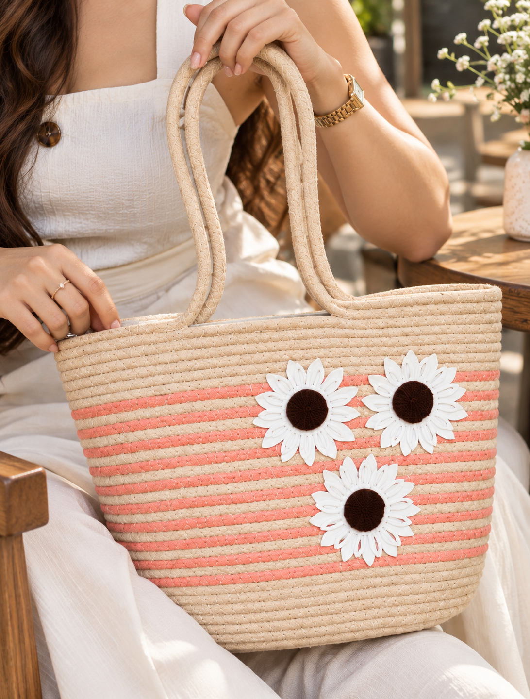 Handmade Peach Bloom Jute Tote Bag – Floral Handcrafted Handbag