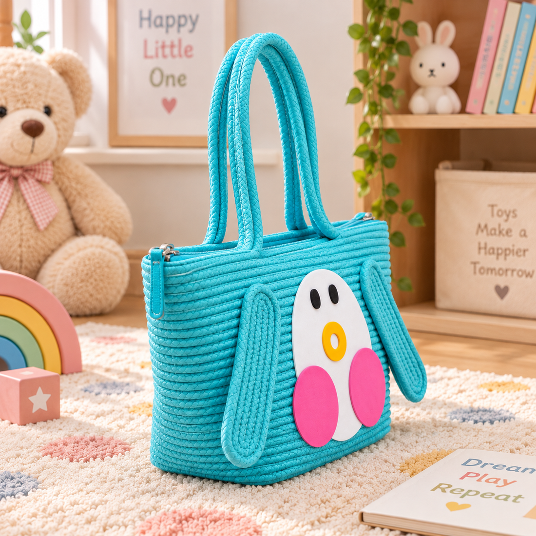 Cute Penguin Braided Cotton Tote Bag for Kids & Girls