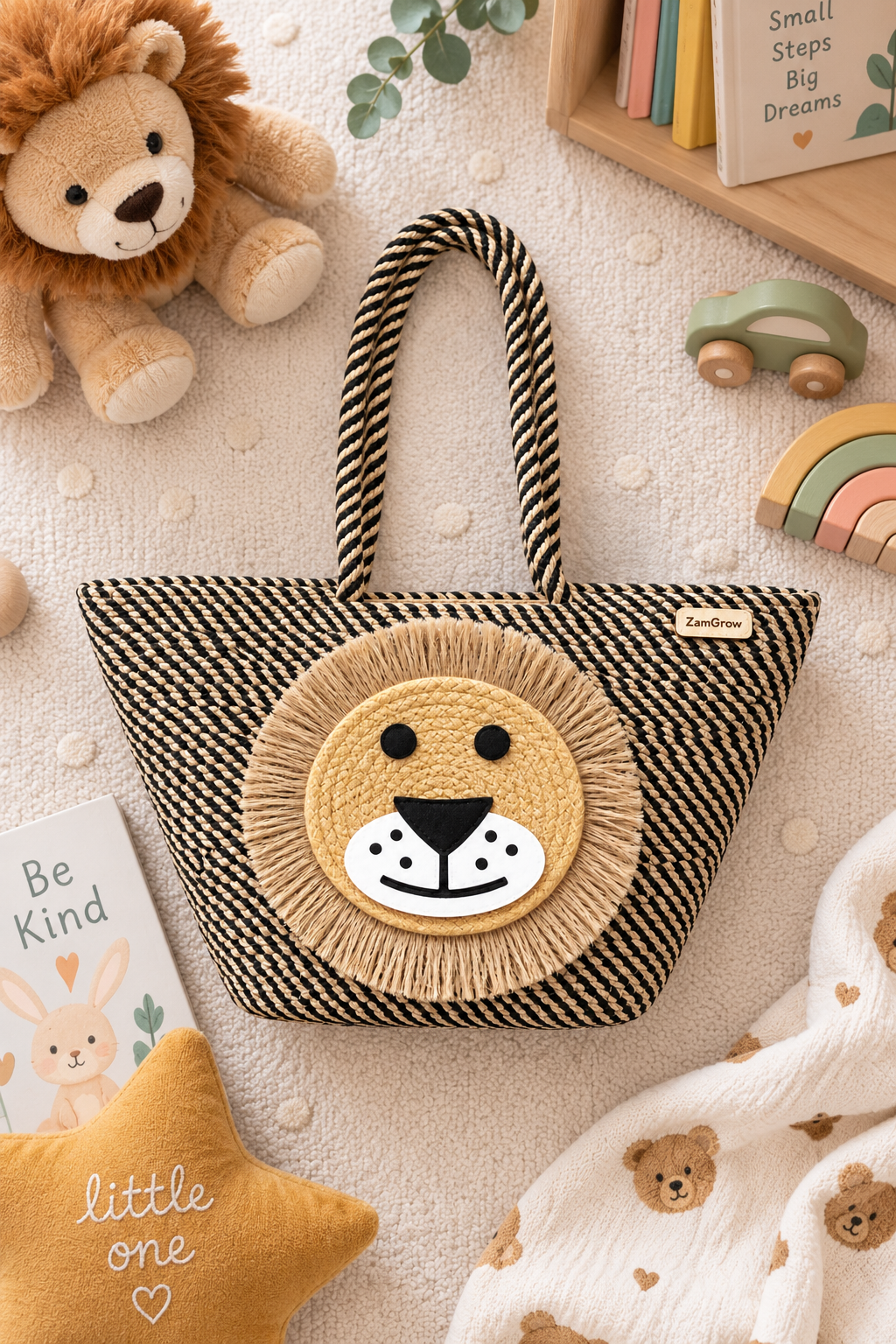 Handmade Lion Design Jute Tote Bag | Stylish Woven Shopping & Storage Bag for Kids, Gifting, Travel & Everyday Use-11x16 inch