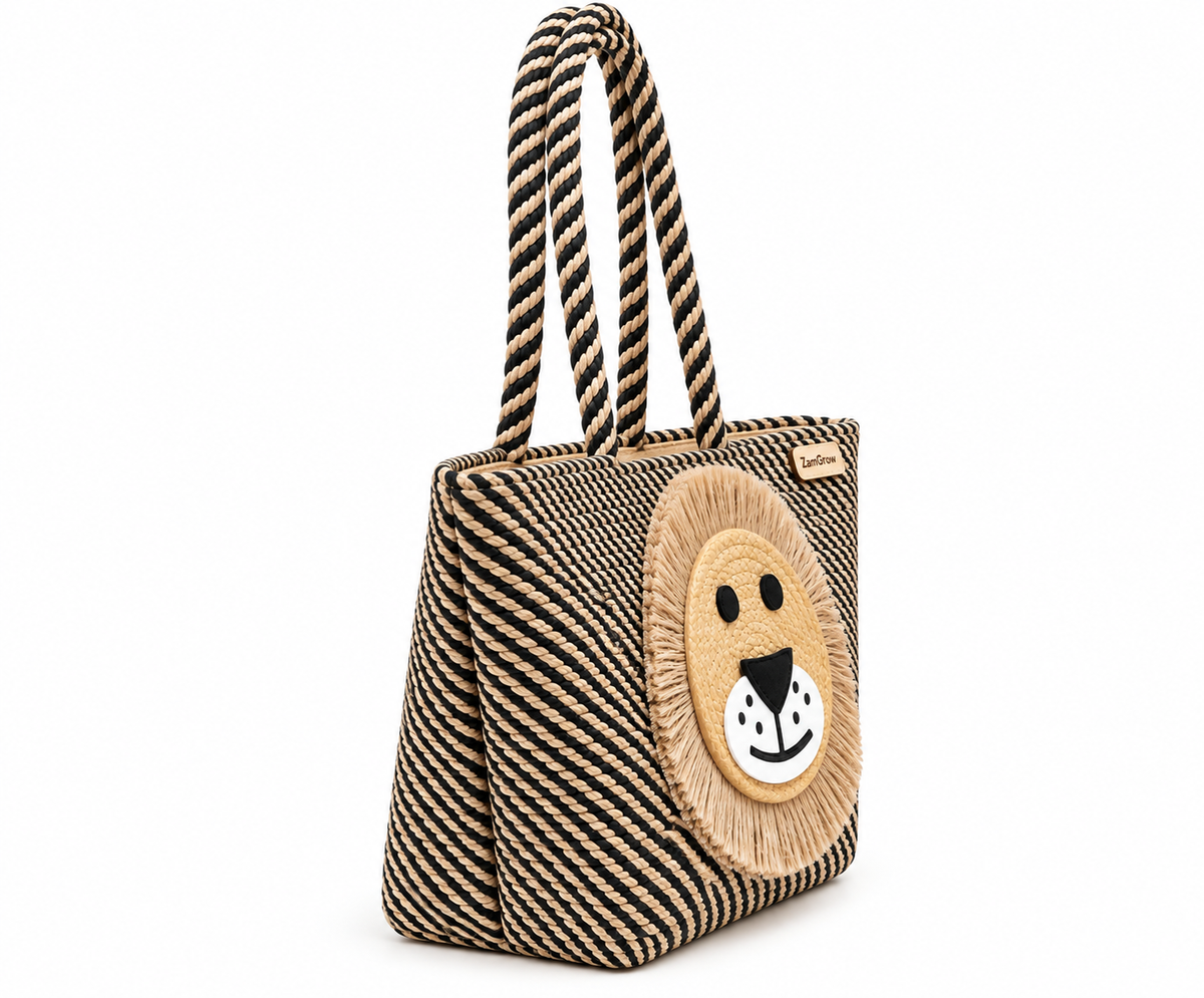Handmade Lion Design Jute Tote Bag | Stylish Woven Shopping & Storage Bag for Kids, Gifting, Travel & Everyday Use-11x16 inch