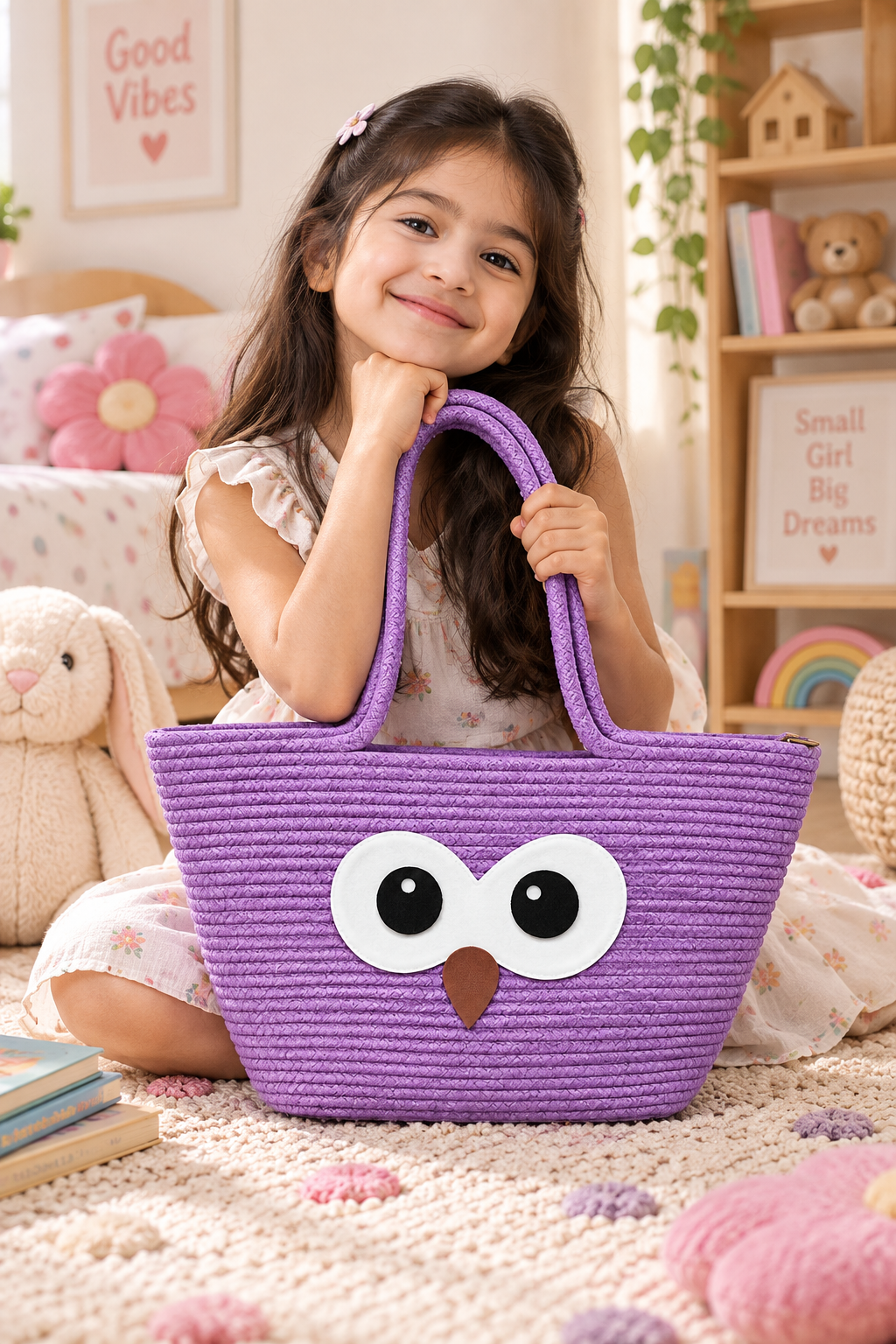 Handmade Owl Design Woven Tote Bag | Cute Rope Shoulder Bag for Women & Kids | Stylish Everyday Shopping & Carry Bag-11x16 inch
