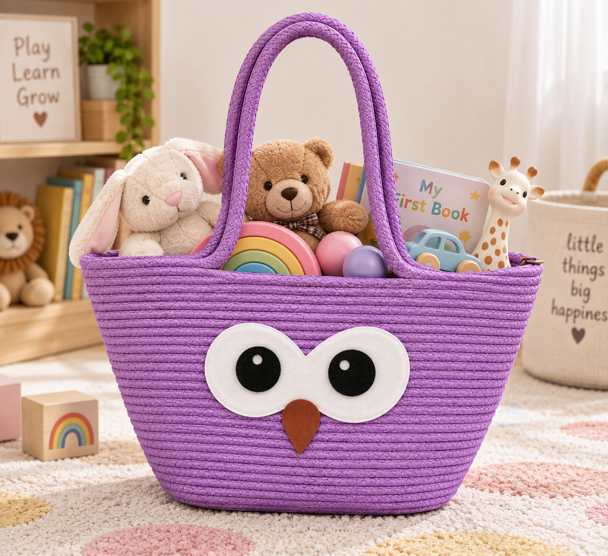 Handmade Owl Design Woven Tote Bag | Cute Rope Shoulder Bag for Women & Kids | Stylish Everyday Shopping & Carry Bag-11x16 inch