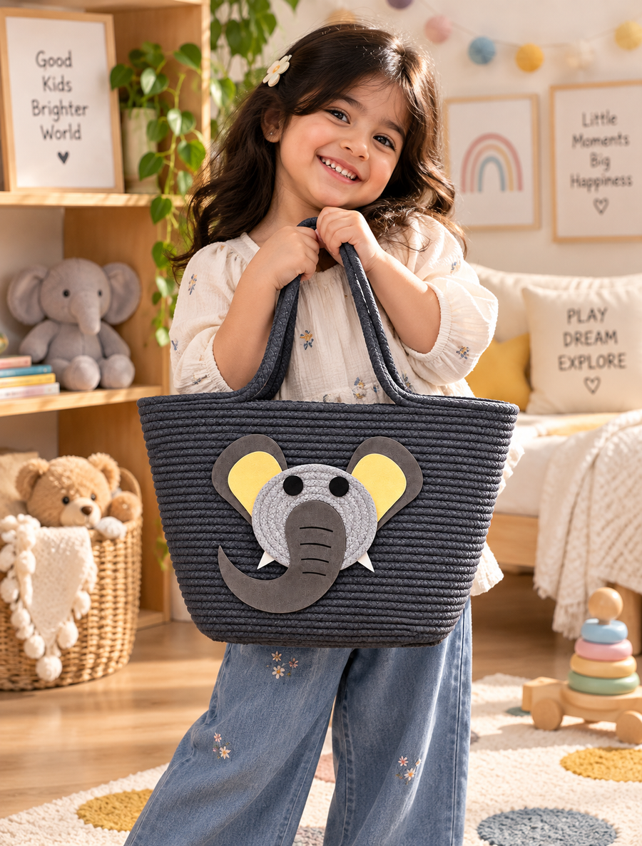 Handmade Elephant Design Woven Tote Bag | Cute Rope Shoulder Bag for Women & Kids | Stylish Shopping, Travel & Everyday Carry Bag-14x16 inch