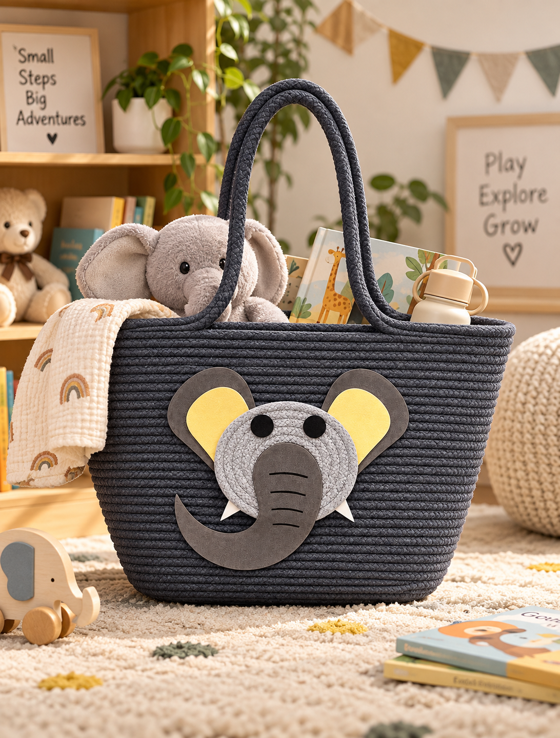 Handmade Elephant Design Woven Tote Bag | Cute Rope Shoulder Bag for Women & Kids | Stylish Shopping, Travel & Everyday Carry Bag-11x16 inch