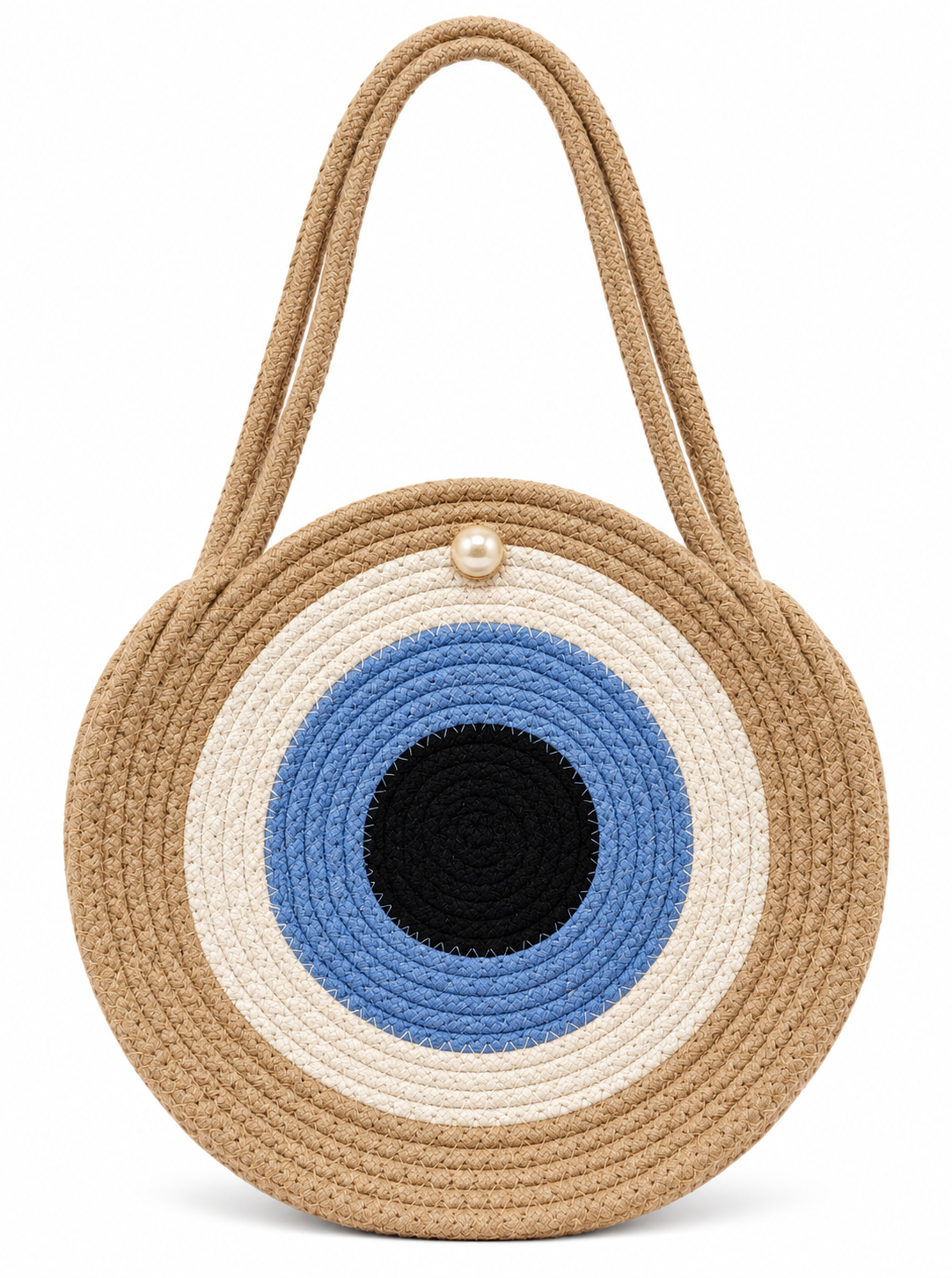 Handmade Round Braided Rope Shoulder Bag with Pearl Button- 9inch Round