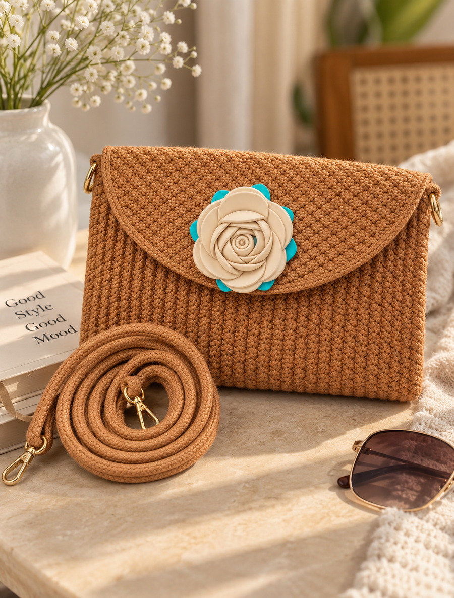 Handmade Woven Sling Bag with Floral Detailing & Detachable Strap | Stylish Clutch & Crossbody Bag for Women-14x16 inch