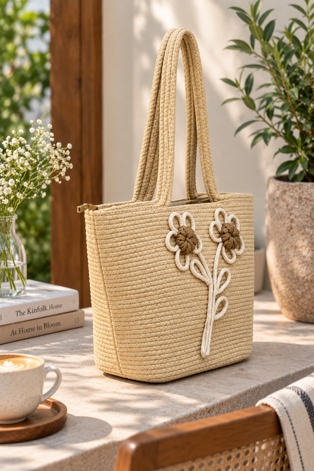 Daisy Flower Beige Handmade Jute Handbag – 16 × 11 Inch