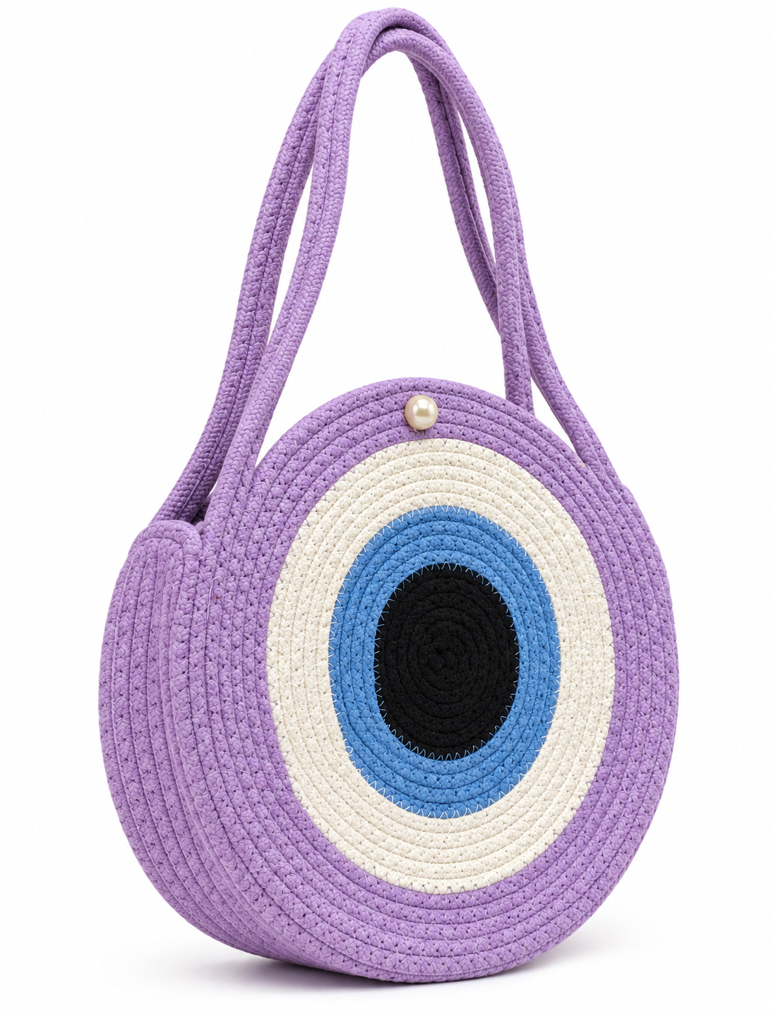 Handmade Round Braided Rope Shoulder Bag with Pearl Button- 9inch Round