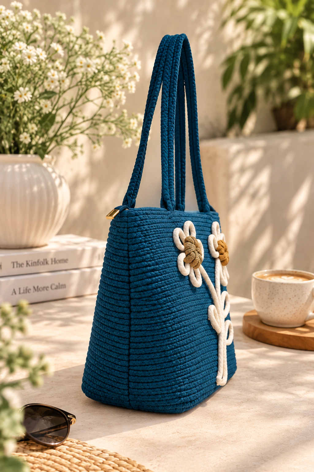 Daisy Bloom Navy Blue Handmade Jute Handbag-16 × 11 Inches