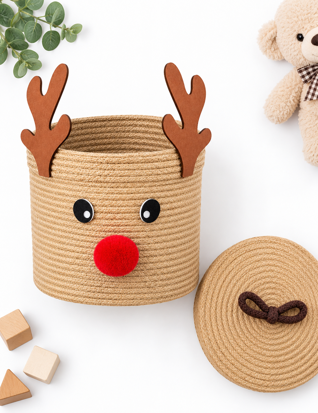 Handmade Reindeer Storage Basket with Lid | Woven Rope Organizer for Toys, Clothes, Nursery, Bedroom & Home Décor-8x8 inch