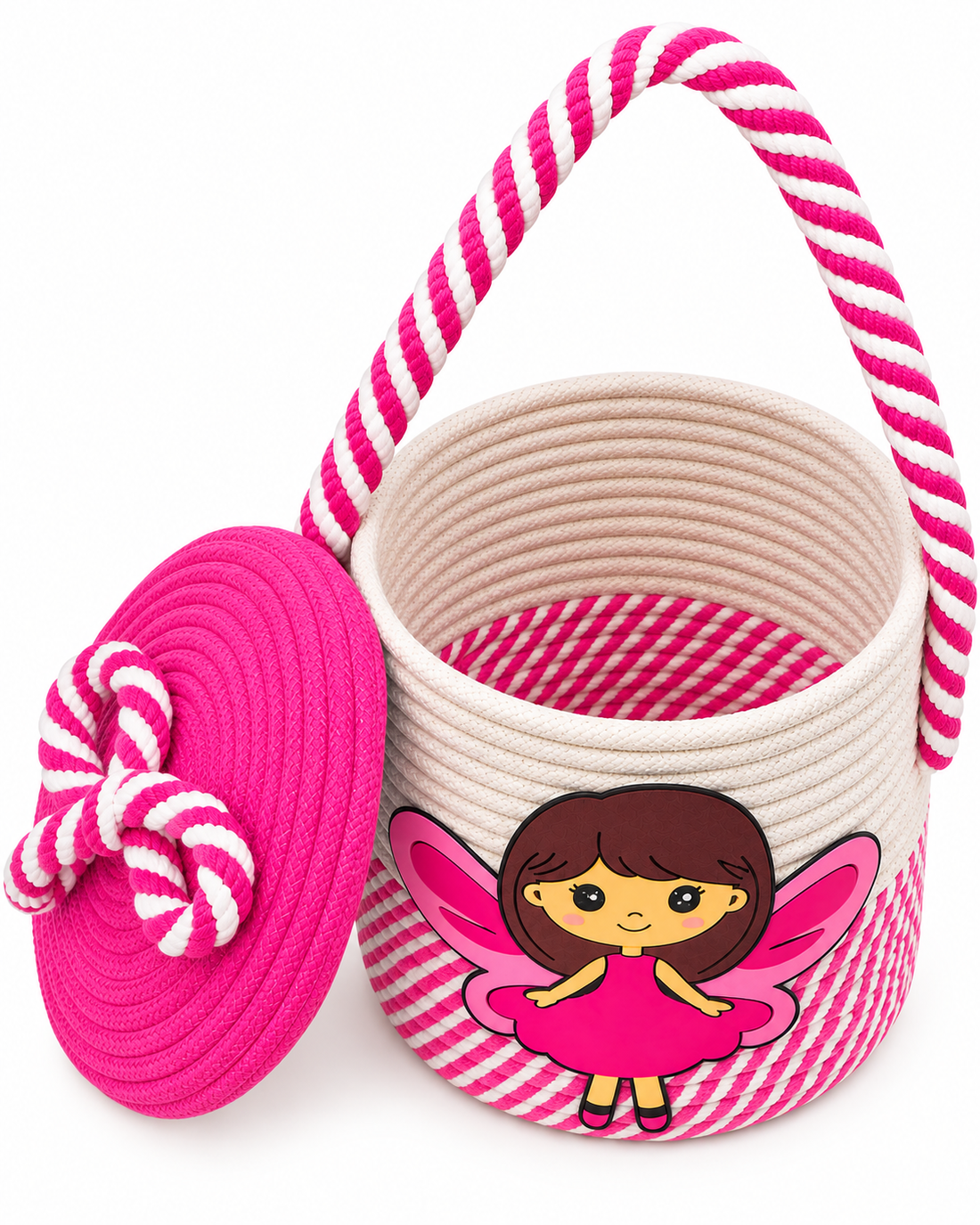 Handmade Fairy Design Woven Storage Basket with Lid & Handle | Cute Rope Organizer for Kids Room, Nursery, Toys & Home Décor-10x10 inch