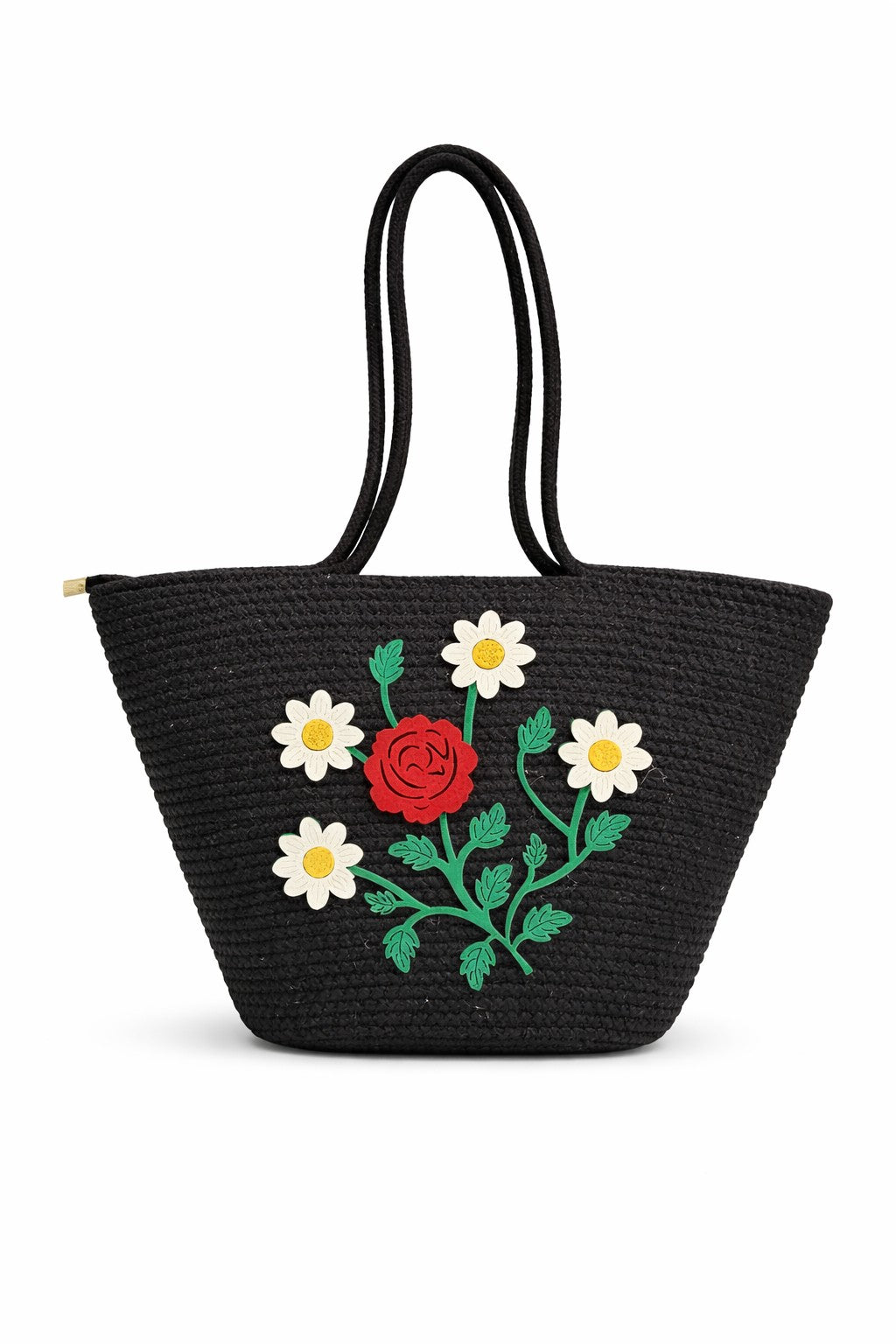 jutepie black woven tote bag with vibrant red rose and white daisy floral embroidery and comfortable shoulder straps