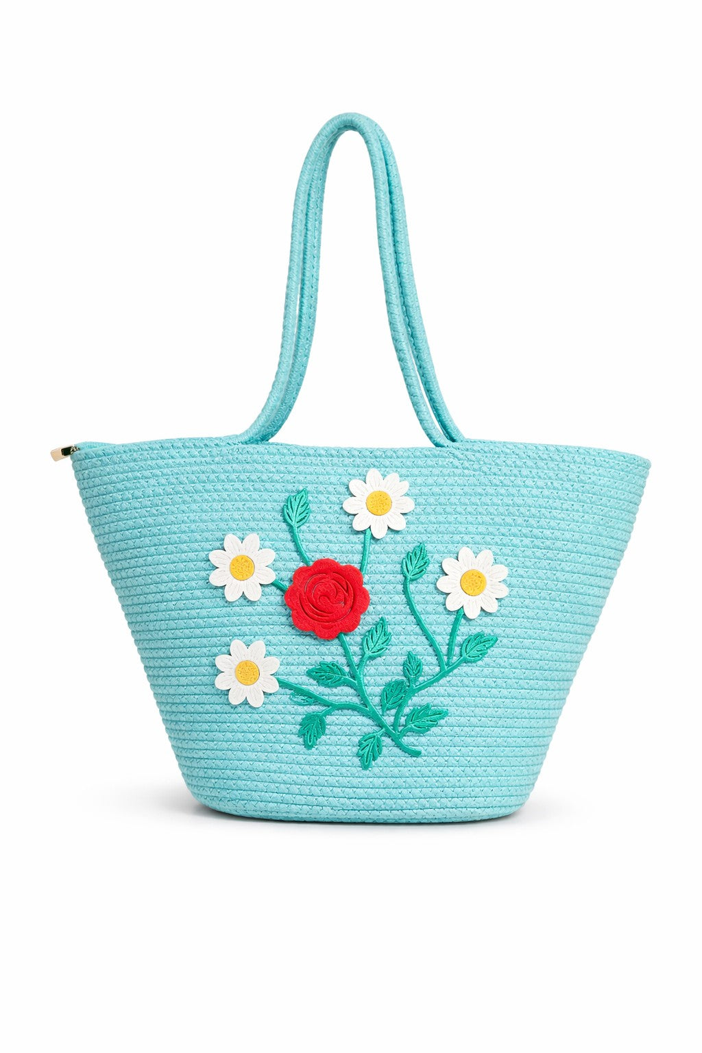 jutepie light blue woven tote bag with vibrant floral embroidery featuring a red rose and white daisies