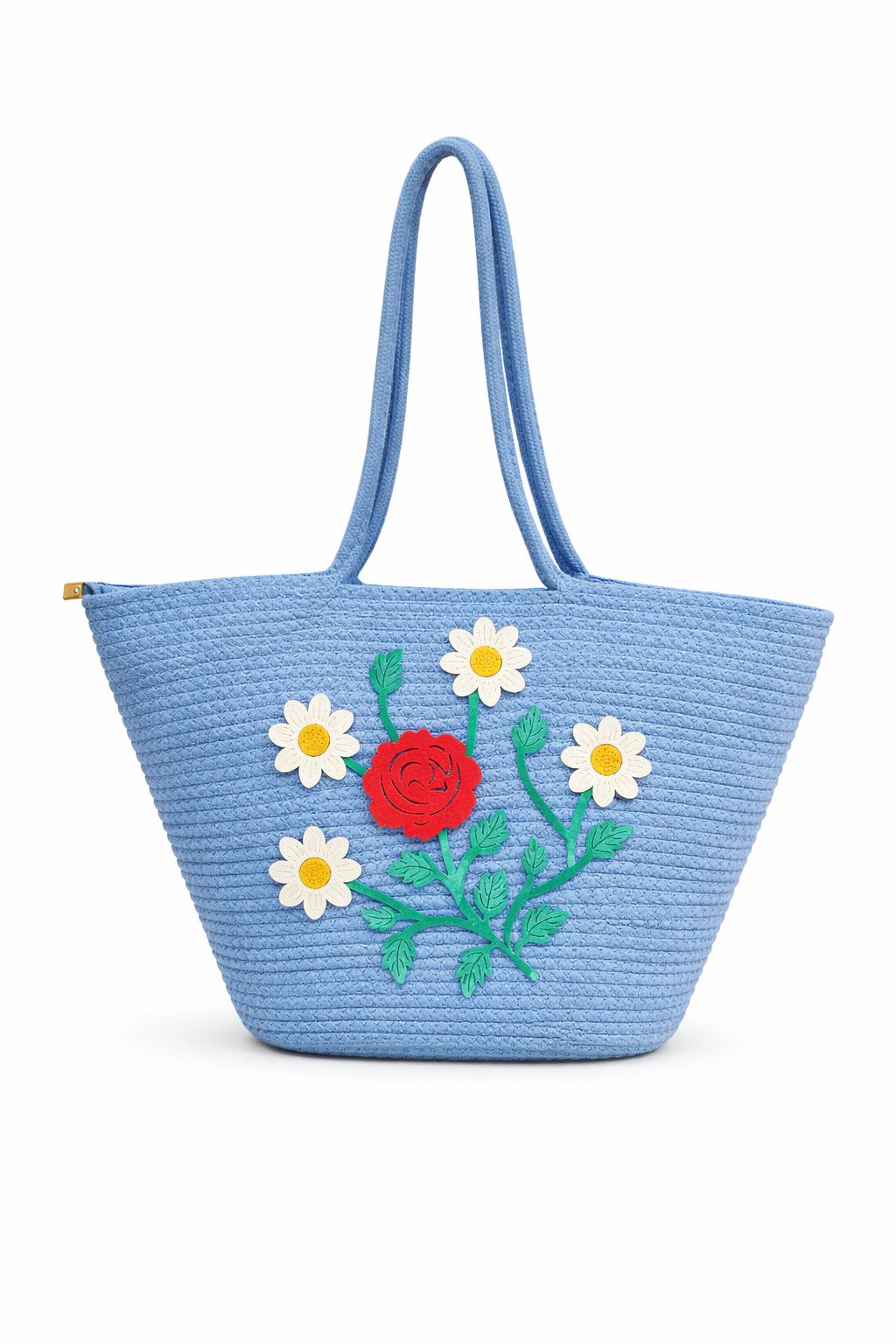 jutepie blue woven tote bag featuring handcrafted floral embroidery with a red rose and white daisies