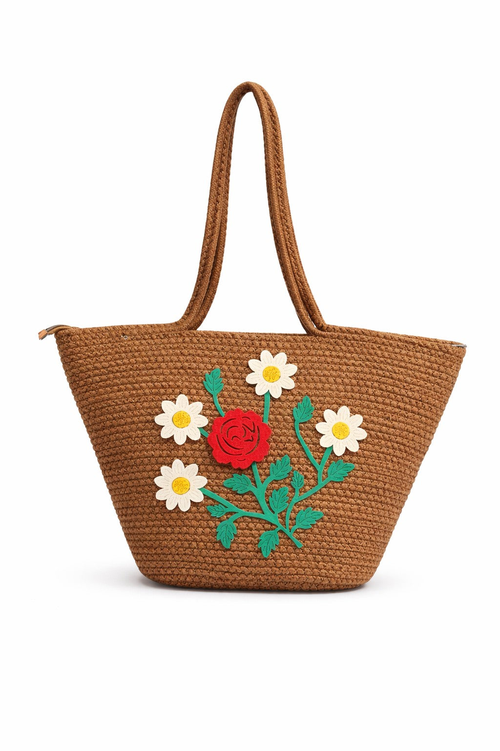 jutepie brown woven tote bag featuring handcrafted floral embroidery with a red rose and white daisies